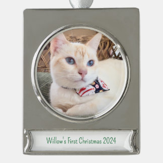 Aangepaste kattenfoto Eerste kerst 2024 Ornament Verzilverd Banner Ornament