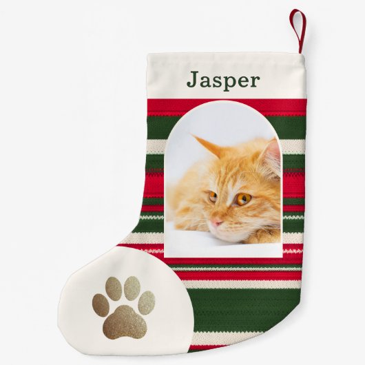 Aangepaste Kattenfoto en Naam Rood Groen Gestreept Kleine Kerstsok (Achterkant)