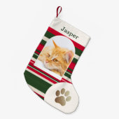 Aangepaste Kattenfoto en Naam Rood Groen Gestreept Kleine Kerstsok (Voorkant (Hangend))
