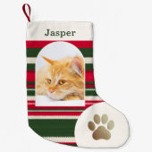 Aangepaste Kattenfoto en Naam Rood Groen Gestreept Kleine Kerstsok (Voorkant)