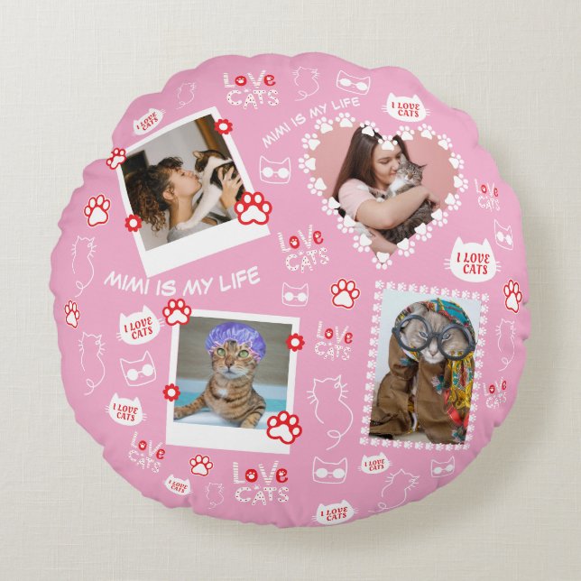 Aangepaste Kattenkussen met Gezichtfoto's & Katten Rond Kussen (Voorkant)