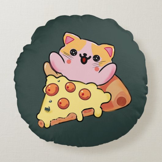 Aangepaste Kawaii Kat Knuffelende Pepperoni Pizza Rond Kussen (Voorkant)