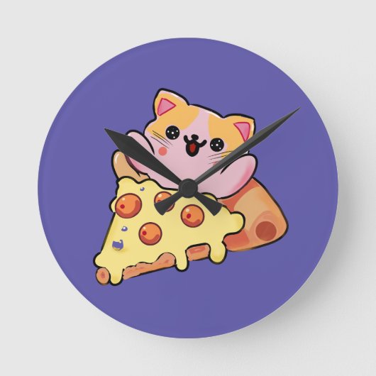 Aangepaste Kawaii Kat Knuffelt Pepperoni Pizza Car Ronde Klok (Voorkant)
