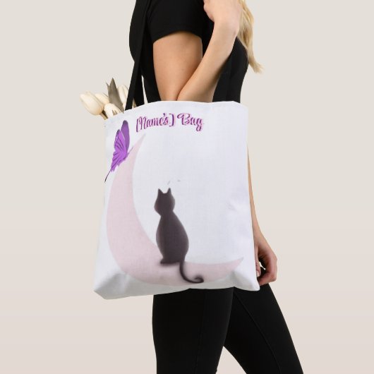 Aangepaste Kawaii Kat op Maan met Vlinder Tote Bag (Dichtbij)