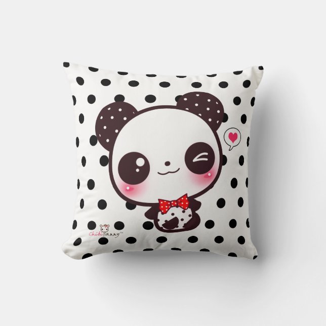 Aangepaste Kawaii panda op zwarte polka-stippen Kussen (Voorkant)