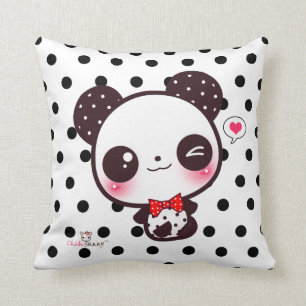 Aangepaste Kawaii panda op zwarte polka-stippen Kussen