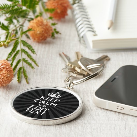 Aangepaste KEEP CALM en jouw tekst op zonnesburst Sleutelhanger (Zijkant)