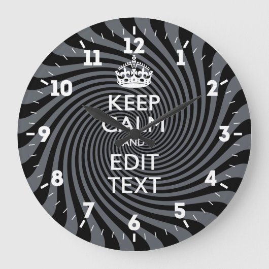 Aangepaste Keep Calm Get Jouw tekst Black Swirl Grote Klok (Voorkant)