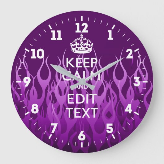 Aangepaste Keep Calm Get Jouw tekst Paarse Flames Grote Klok (Voorkant)