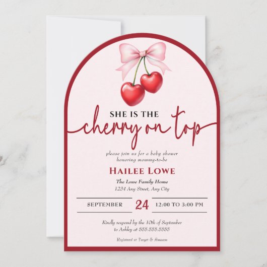 Aangepaste kersen op top Coquette Roze strik Baby  Kaart (Voorkant)