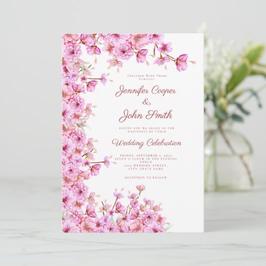 Aangepaste Kersenbloesem Sakura Roze Bloemen Huwel Kaart (Staand voorkant)