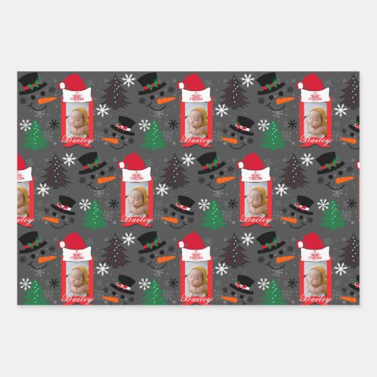 Aangepaste Kerst 3 Fotonaam Grijs Rood Groen 3 set Inpakpapier Vel (Voorkant)