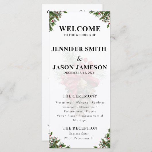 Aangepaste Kerst bloem thema bruiloft programma (Voorkant / Achterkant)