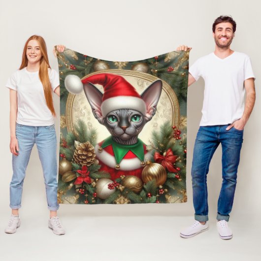 Aangepaste Kerst Elf Sphynx Kattencadeau Xmas Fleece Deken (In situ)