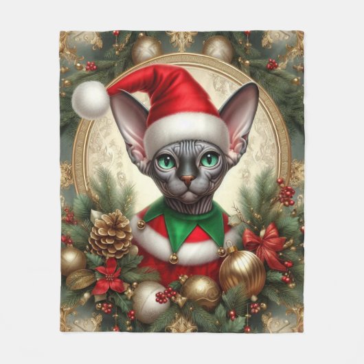 Aangepaste Kerst Elf Sphynx Kattencadeau Xmas Fleece Deken (Voorkant)
