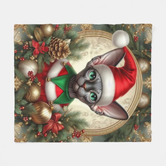 Aangepaste Kerst Elf Sphynx Kattencadeau Xmas Fleece Deken (Voorkant (Horizontaal))