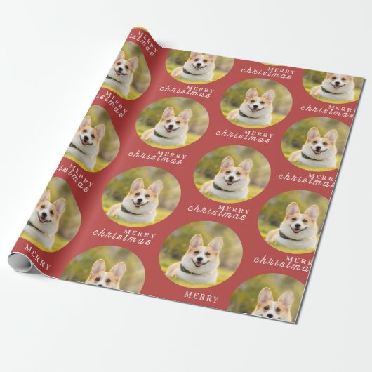 Aangepaste Kerst Foto Rood Wrapping Paper Cadeaupapier (Uitgerold)
