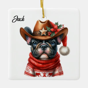 Aangepaste Kerst Franse Bulldog met Cowboy Pet Keramisch Ornament