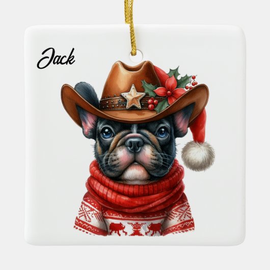 Aangepaste Kerst Franse Bulldog met Cowboy Pet Keramisch Ornament (Voorkant)