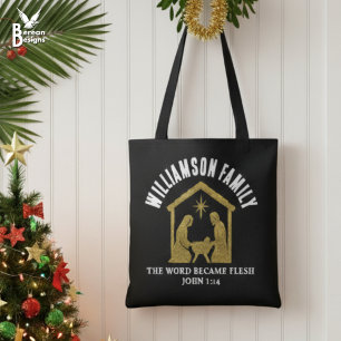 Aangepaste kerst glitter geboorte familie Kerstmis Tote Bag