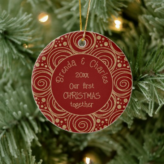 Aangepaste kerst gouden krullen op rode patroon - keramisch ornament (Boom)