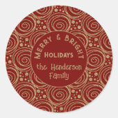Aangepaste kerst gouden krullen op rode patroon - ronde sticker (Voorkant)
