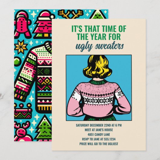 Aangepaste Kerst Lelijke Trui Party Pop Art Kaart (Voorkant / Achterkant)
