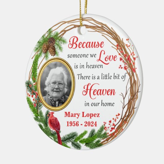Aangepaste Kerst Memorial Foto en Kardinaal Keramisch Ornament (Links)