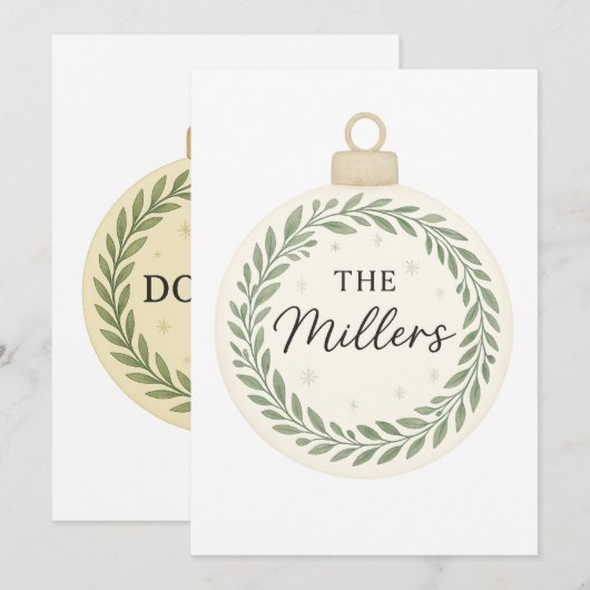 Aangepaste kerst ornament – Greenery krans & famil Kaart (Voorkant / Achterkant)