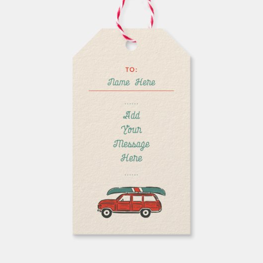 Aangepaste Kerst Retro Rode Wagon & Kano Cadeaulabel (Achterkant)