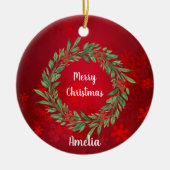 Aangepaste Kerst Rood en Greenery Krans Keramisch Ornament (Voorkant)