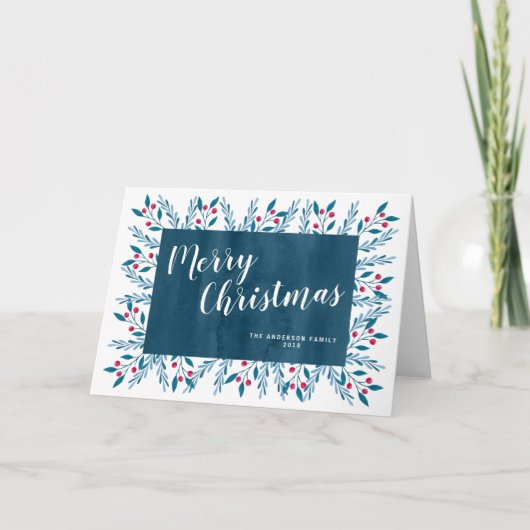 Aangepaste kerstblauwe Waterverf Floral Feestdagen Kaart (Voorkant)