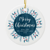 Aangepaste kerstblauwe Waterverf Floral Keramisch Ornament (Voorkant)