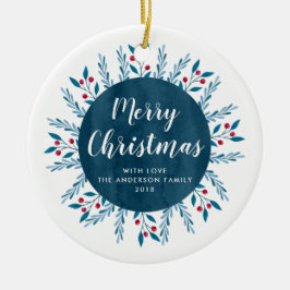 Aangepaste kerstblauwe Waterverf Floral Keramisch Ornament