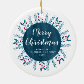 Aangepaste kerstblauwe Waterverf Floral Keramisch Ornament (Achterkant)