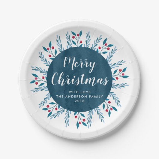 Aangepaste kerstblauwe Waterverf Floral Papieren Bordje (Voorkant)