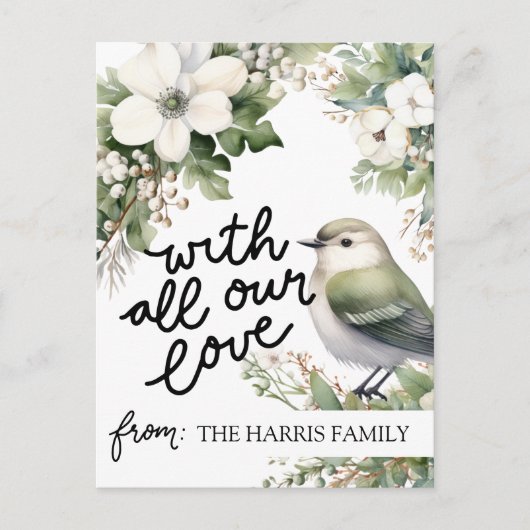 Aangepaste Kerstbloemen & Vogel – Al onze Liefde Briefkaart (Voorkant)