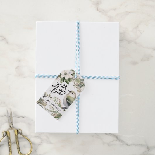 Aangepaste Kerstbloemen & Vogel – Al onze Liefde Cadeaulabel (Met Touw)