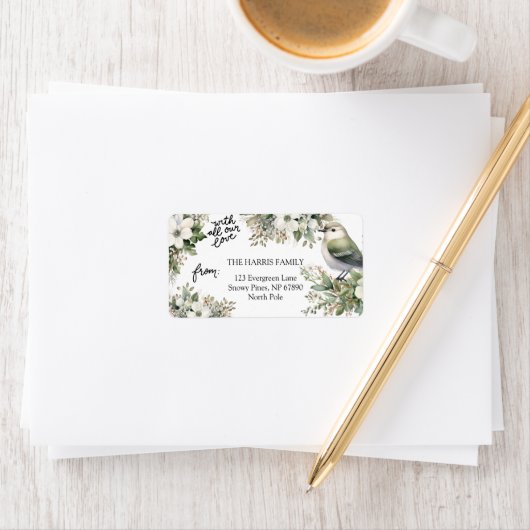 Aangepaste Kerstbloemen & Vogel – Al onze Liefde Etiket (Insitu)