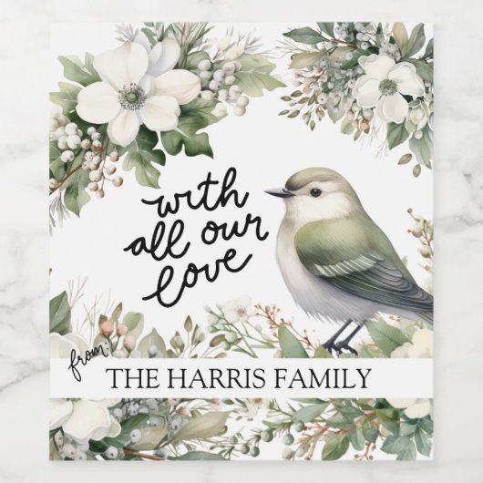 Aangepaste Kerstbloemen & Vogel – Al onze Liefde Wijn Etiket (Enkel label)