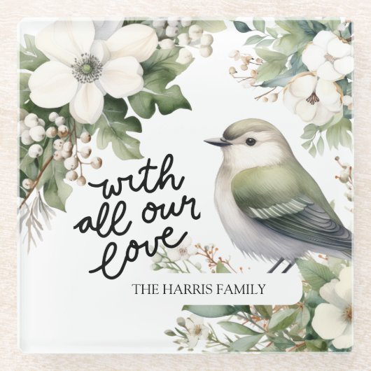 Aangepaste Kerstbloemen & Vogel met al onze liefde Glazen Onderzetter (Voorkant)