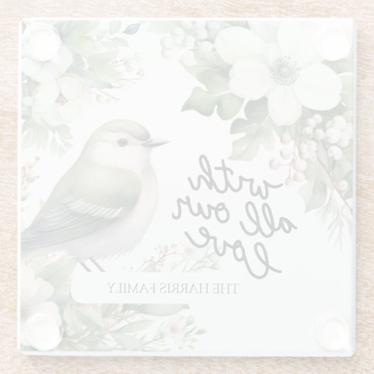 Aangepaste Kerstbloemen & Vogel met al onze liefde Glazen Onderzetter (Achterkant)