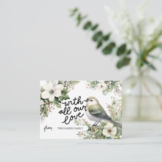 Aangepaste Kerstbloemen & Vogel met al onze liefde Notitiekaartje (Staand voorkant)