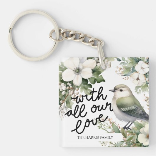 Aangepaste Kerstbloemen & Vogelkussen - Met Liefde Sleutelhanger (voorkant)