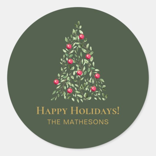 Aangepaste Kerstboom groen rood elegante familie Ronde Sticker (Voorkant)