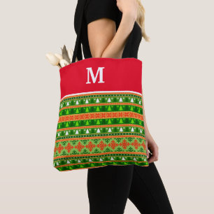 AANGEPASTE KERSTBOOM GROENE WITTE RODE ORNAMENTEN TOTE BAG