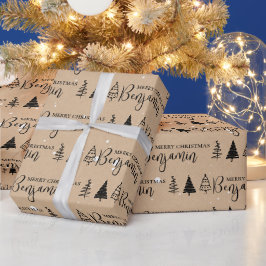 Aangepaste Kerstboom Kraft Naam Herhaling Jumbo Cadeaupapier