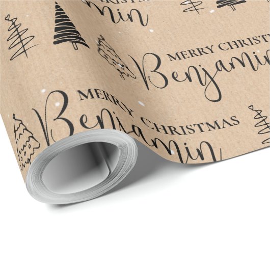 Aangepaste Kerstboom Kraft Naam Herhaling Jumbo Cadeaupapier (Rol Hoek)