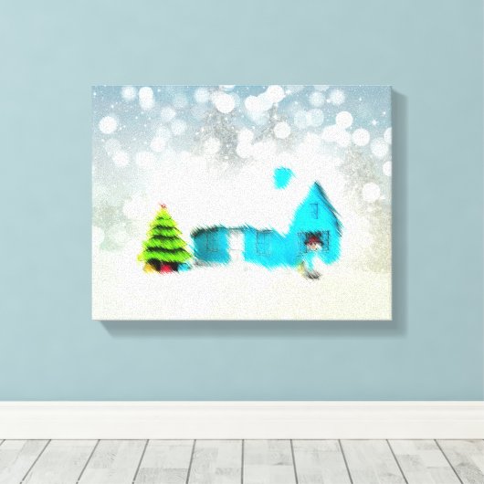 Aangepaste Kerstboom Sneeuw Man Huis Canvas Afdruk (Insitu (Houten vloer))