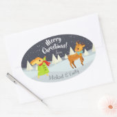 Aangepaste kerstbundel en deer-illustratie ovale sticker (Envelop)